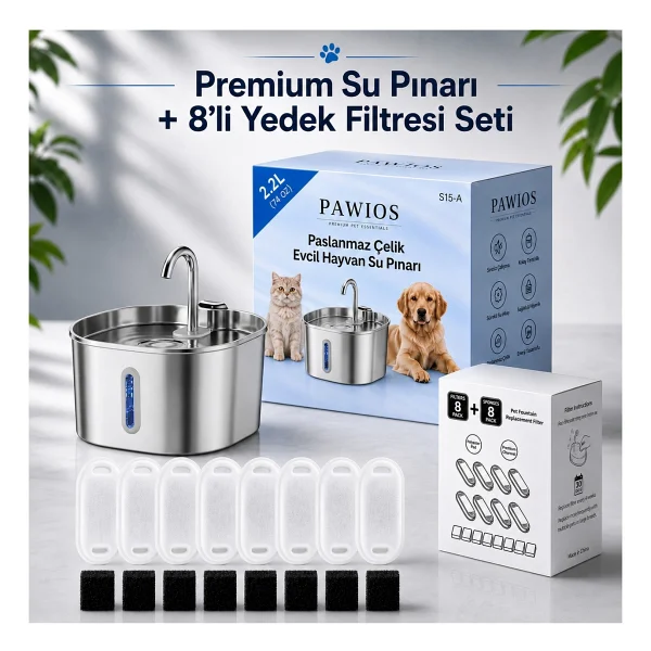 2.2l Paslanmaz Çelik Kedi Köpek Su Pınarı/su Sebili Model : S15-A + 8'li Aktif Karbon Yedek Filtre Seti Başlangıç Paketi - Görsel 9