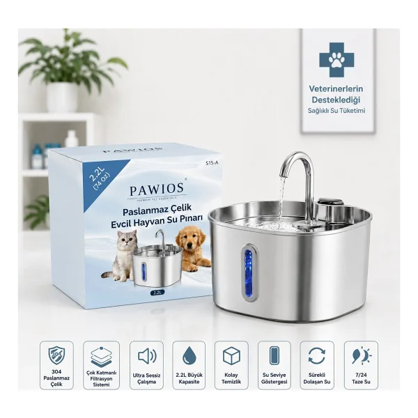 2.2l Paslanmaz Çelik Kedi Köpek Su Pınarı/su Sebili Model : S15-A + 8'li Aktif Karbon Yedek Filtre Seti Başlangıç Paketi - Görsel 5