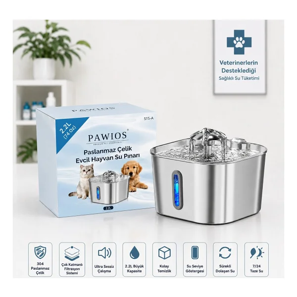 2.2l Paslanmaz Çelik Kedi Köpek Su Pınarı/su Sebili Model : SSPF-434 + 8'li Aktif Karbon Yedek Filtre Seti Başlangıç Paketi - Görsel 4
