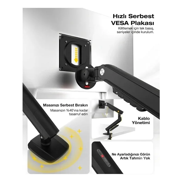 NB ERGONOMIC North Bayou A5 17''-32'' Tek kol 2-9 KG Vesa Uyumlu Monitör Standı - Görsel 2