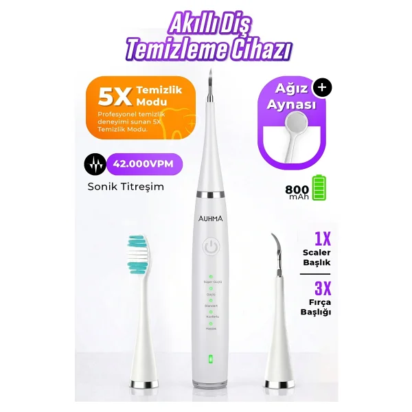 Auhma AMF14 Ultrasonik Diş Temizleme Cihazı Siyah 42.000 Titreşim/dk 5 Mod Ipx8 Su Geçirmez Type-C Şarj Diş Taşı Temizleyici & Plak Temizleme Seti - Görsel 7