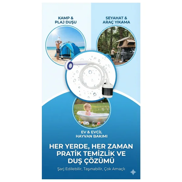 Taşınabilir Şarjlı Seyyar Duş Seti Pompa - Hortum - Duş Başlığı - Görsel 2