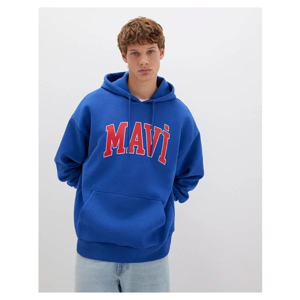 Mavi Logo Baskılı 067149-70907 Kapüşonlu Mavi Erkek Oversize Sweatshirt - Görsel 2