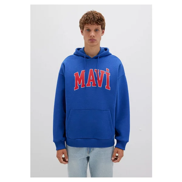 Mavi Logo Baskılı 067149-70907 Kapüşonlu Mavi Erkek Oversize Sweatshirt - Görsel 3