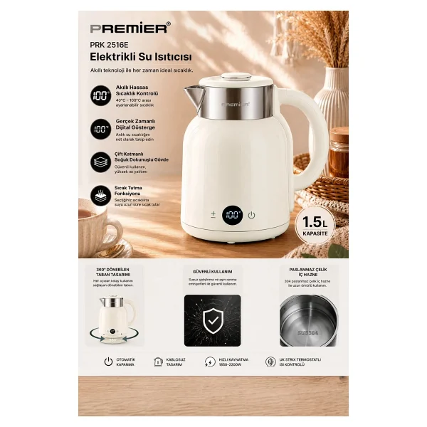 Premier PRK 2516E 1.5 lt Krem 2200 W Kettle - Görsel 2