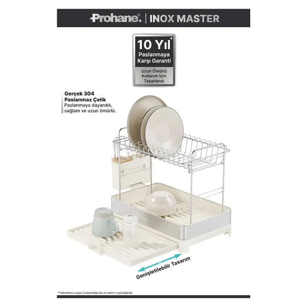 Prohane Inox Master KD400 Genişletilebilir 2 Katlı Bulaşıklık 304 Paslanmaz Çelik Su Tahliyeli Tezgah Üstü Kurutmalık - Siyah - Görsel 8