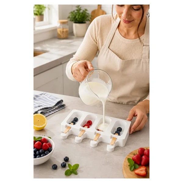 omilife Silikon Dondurma Kalıbı 4lü Magnum Kalıp 50 Ahşap Çubuk Ev Tipi Dondurma Yapma Seti - Görsel 4