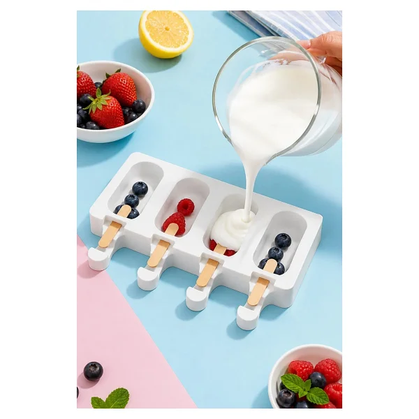 omilife Silikon Dondurma Kalıbı 4lü Magnum Kalıp 50 Ahşap Çubuk Ev Tipi Dondurma Yapma Seti - Görsel 5