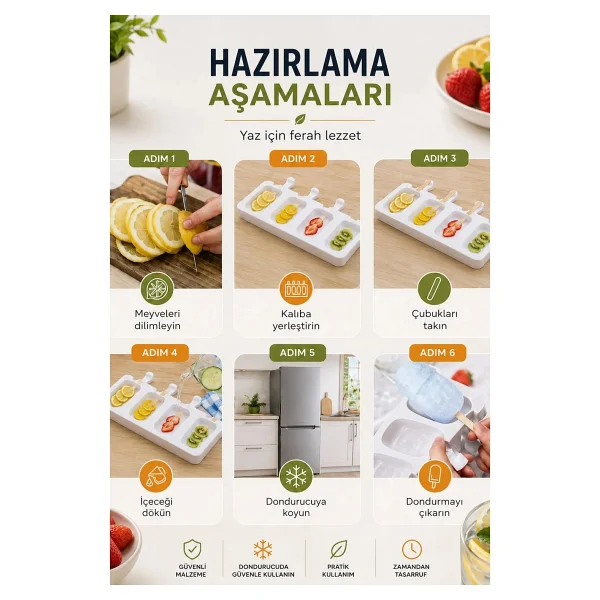 omilife Silikon Dondurma Kalıbı 4lü Magnum Kalıp 50 Ahşap Çubuk Ev Tipi Dondurma Yapma Seti - Görsel 6