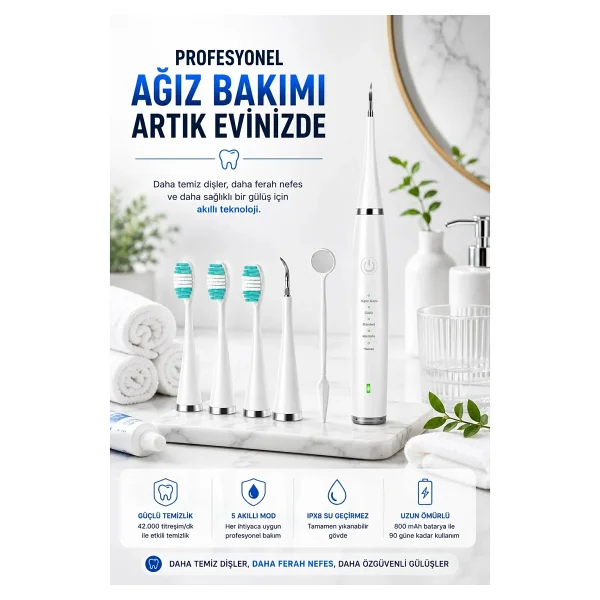 Robeve Auhma AMF14 Ultrasonik Diş Temizleme Cihazı Elektrikli Diş Fırçası Seti 42.000 Titreşim/dk 5 Akıllı Mod Ipx8 Su Geçirmez Diş Taşı Temizleyici, Plak Temizleyici, Ağız Aynalı 5 Başlıkllı - Be - Görsel 6
