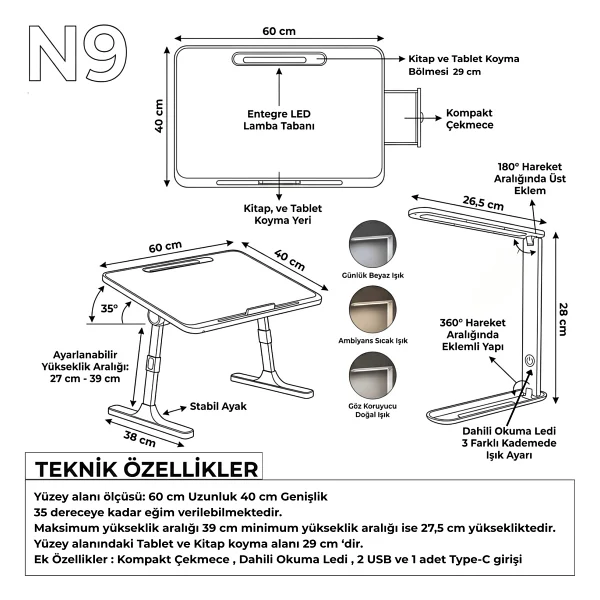 Ofis Fix Yükseklik ve Açı Ayarlı Laptop Sehpası Katlanır Çalışma Masası Çok Fonksiyonlu Yatak Sehpası N9 Gri - 60x40 - Görsel 7