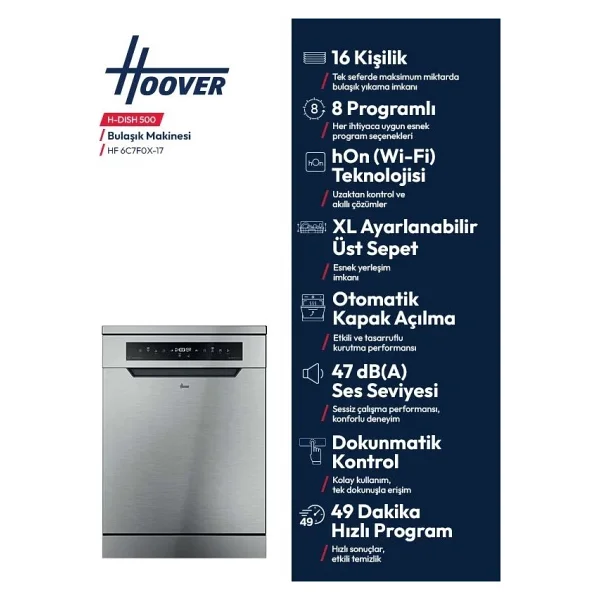 Hoover HF 6C7F0X-17 8 Programlı Wi-Fi Bulaşık Makinesi - Görsel 4