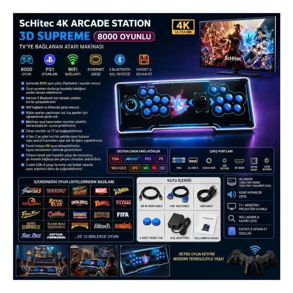 ScHitec 4K Arcade Station 3D Supreme 8000 Oyunlu TV Baglanan Atari Makinası - Görsel 2