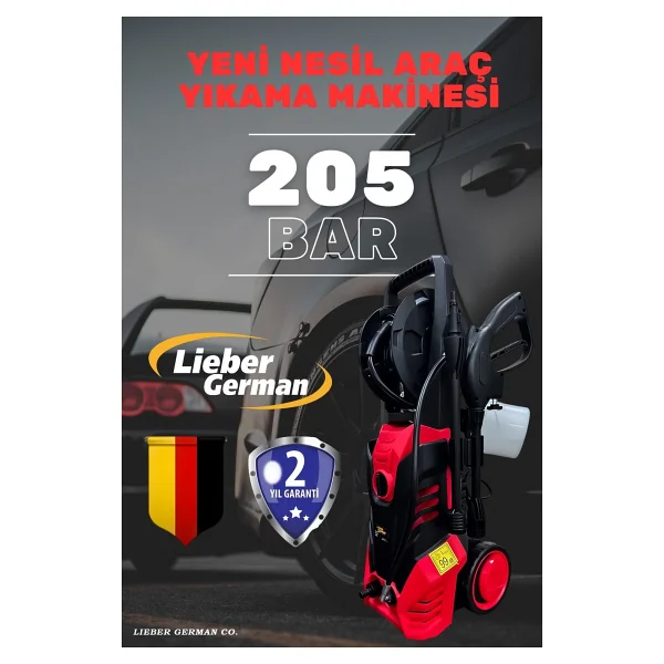 Lieber German Teknoloji LG205 Elektrikli Yüksek Basınçlı 205 Bar/Psi Bahçe Oto Yıkama Makinesi Bakım Seti Hediye - Görsel 2