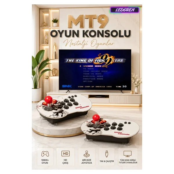 L'eDoren MT9 HD Nostalji Retro Atari Konsolu 10000 Oyunlu Çift Kişilik Kablosuz Joystick PS1 Arcade - Görsel 9