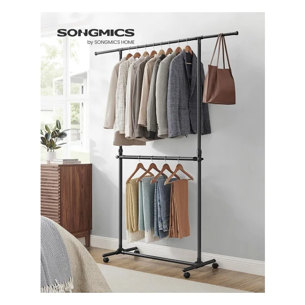 SONGMICS 2 Elbise Askısı, Uzatılabilir Gardırop Askısı, Tekerlekli Gardırop Askısı, Yüksekliği 113 ila 180 cm Arasında Yüksekliği Ayarlanabilir, Alt Çubuk Ayarlanabilir, Siyah LLR401B01 - Görsel 2