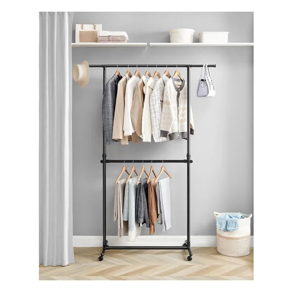 SONGMICS 2 Elbise Askısı, Uzatılabilir Gardırop Askısı, Tekerlekli Gardırop Askısı, Yüksekliği 113 ila 180 cm Arasında Yüksekliği Ayarlanabilir, Alt Çubuk Ayarlanabilir, Siyah LLR401B01 - Görsel 3