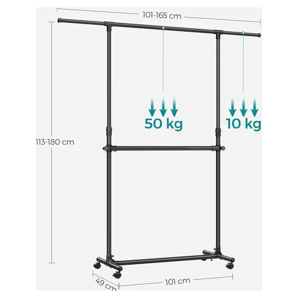 SONGMICS 2 Elbise Askısı, Uzatılabilir Gardırop Askısı, Tekerlekli Gardırop Askısı, Yüksekliği 113 ila 180 cm Arasında Yüksekliği Ayarlanabilir, Alt Çubuk Ayarlanabilir, Siyah LLR401B01 - Görsel 7