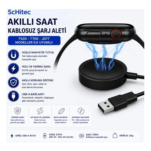 ScHitec T500 - T700 - JD77 Akıllı Saat Şarj Cihazı - Görsel 2