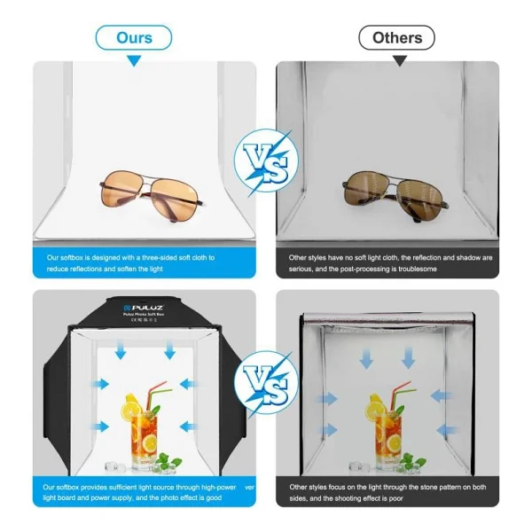 Coverzone Puluzz 60x60x60 cm Profesyonel Fotoğraf Çekim Çadırı, 2x68 LED 5500K Işıklı Katlanabilir Mini Fotoğraf Stüdyosu, Takı Ürün Obje Fotoğraf Kutusu, AC Adaptörlü Light Box (PU5060) - Görsel 4