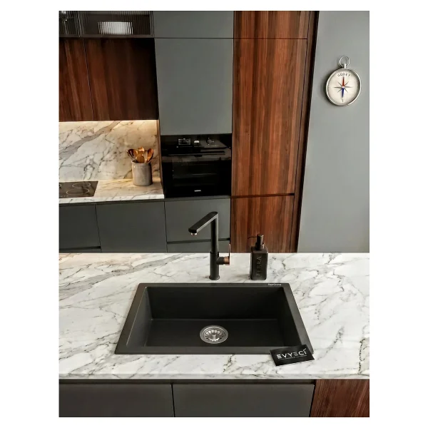 RealStone Gordion K012 60 Tek Gözlü Siyah Granit Eviye - Görsel 4