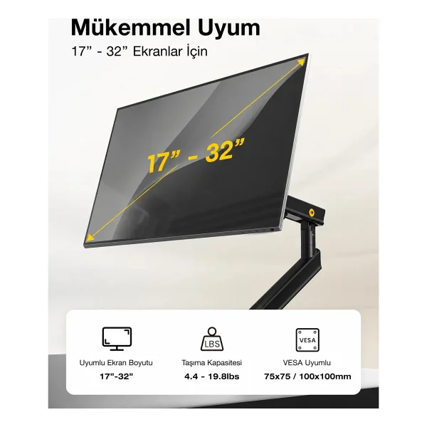 NB ERGONOMIC North Bayou A5 17''-32'' Tek kol 2-9 KG Vesa Uyumlu Monitör Standı - Görsel 5