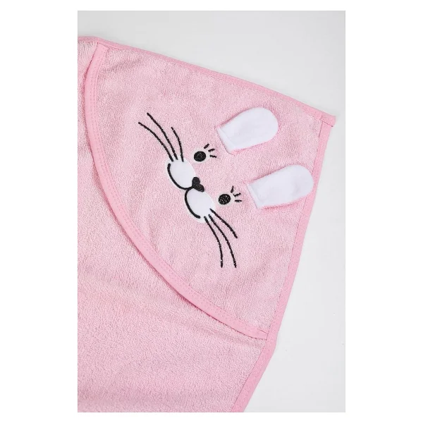 %100 Pamuk Yenidoğan Bebek Kundak Nakışlı Banyo Havlusu Pembe - 0 - 1 Ay - Renkli - Görsel 3