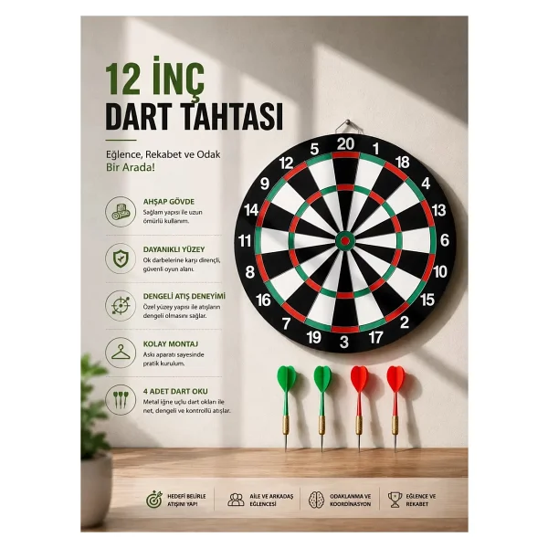 12 İnç Ahşap Dart Tahtası 4 Adet Metal Uçlu Dart Oku Dahil - Görsel 6