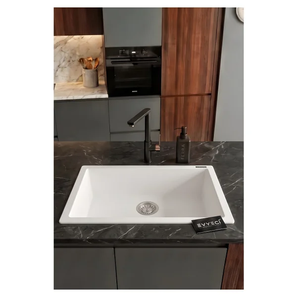 RealStone Gordion K012 60 Tek Gözlü Beyaz Granit Eviye - Görsel 4