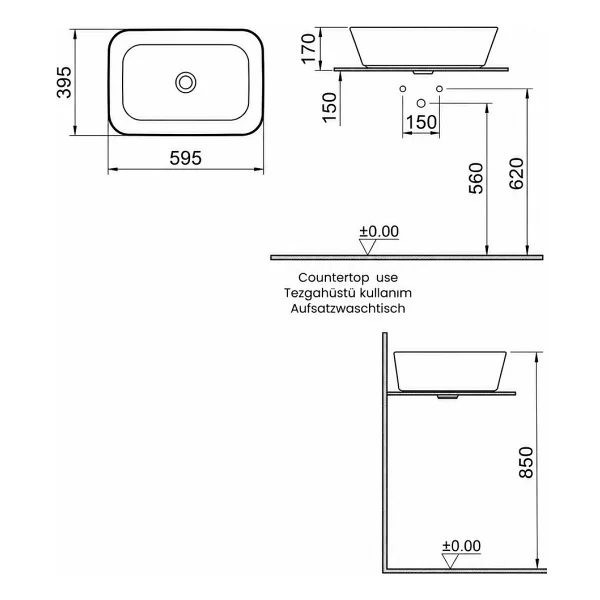 VitrA Geo Dikdörtgen 60x39 cm Armatür Deliksiz Çanak Lavabo - Görsel 3