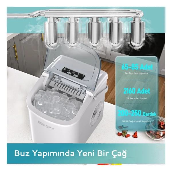 Euhomy Bullet (Kapsül) Buz Makinesi, 6 Dakikada 9 Adet Buz Küpü, Otomatik Temizleme - Gümüş - Görsel 7