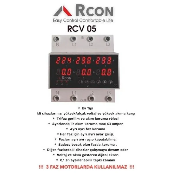 Rcon Rcv 05 Ev Tipi Trifaze Akım Voltaj Koruyucu 63 A Sigorta - Görsel 2