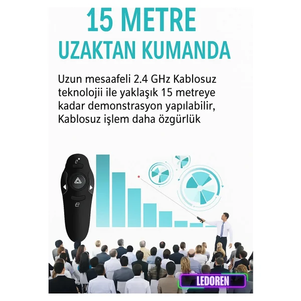 L'edoren Kablosuz Lazer Sunum Kalemi , Sunum Kumandası , Laser Powerpoint 15 Metre Çekim - Görsel 2