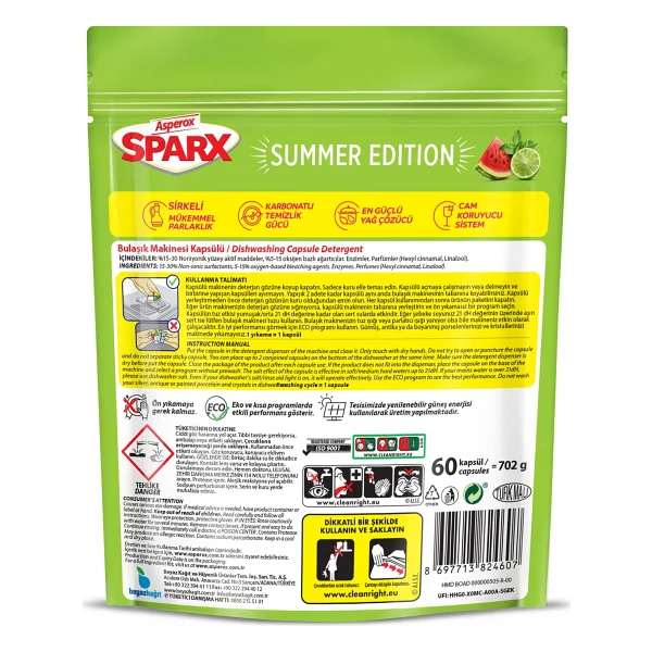 Asperox Sparx Summer Edition Karpuz ve Cool Lime Bulaşık Makinesi Tableti 60'lı - Görsel 2