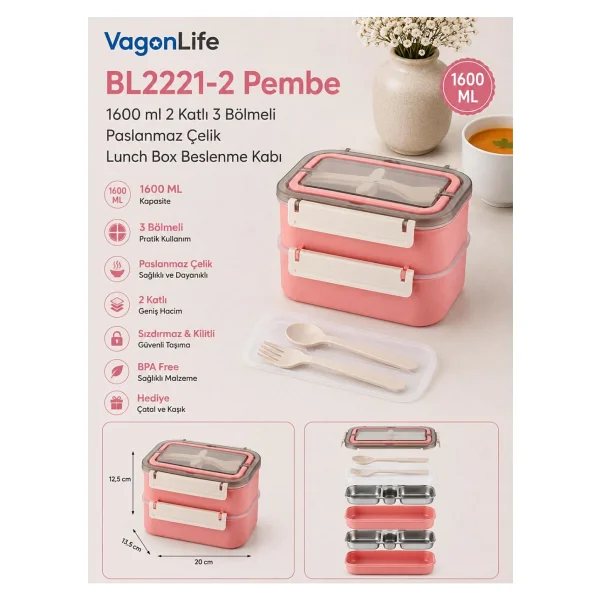 Vagonlife XC-494 Pembe Çelik Lunch Box 1600 ml - Görsel 6