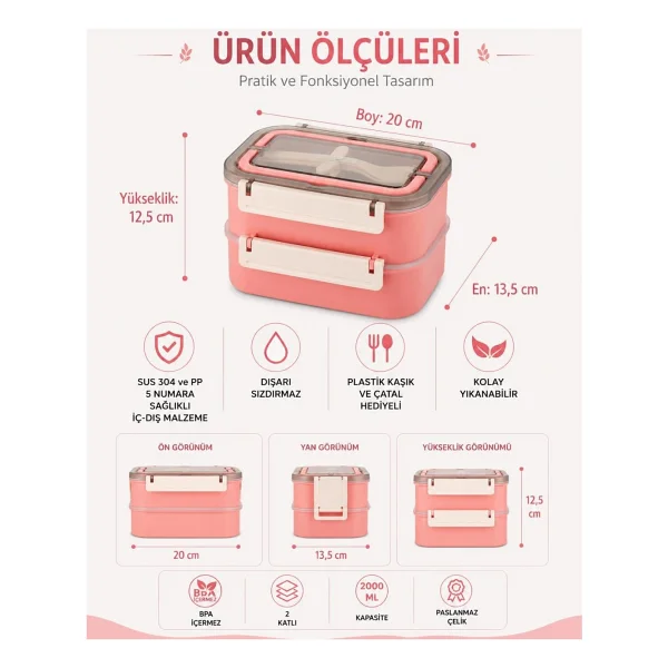 Vagonlife XC-494 Pembe Çelik Lunch Box 1600 ml - Görsel 2