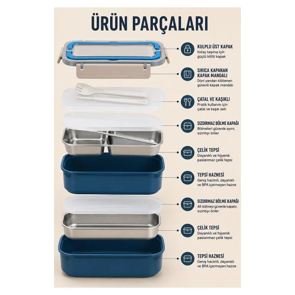 Vagonlife XC-494 Pembe Çelik Lunch Box 1600 ml - Görsel 3