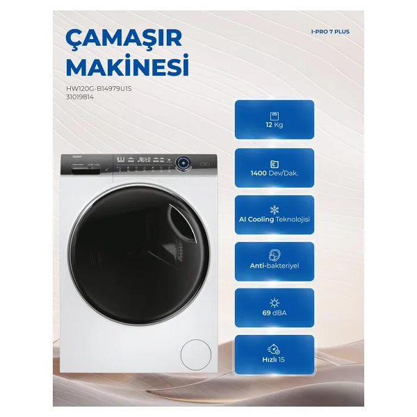 Haier HW120-B14979U1 12 kg 1400 Devir Çamaşır Makinesi - Görsel 5