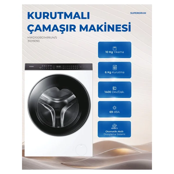 Haier HWD100BD1499UN/S 10 kg / 6 kg Kurutmalı Çamaşır Makinesi - Görsel 4