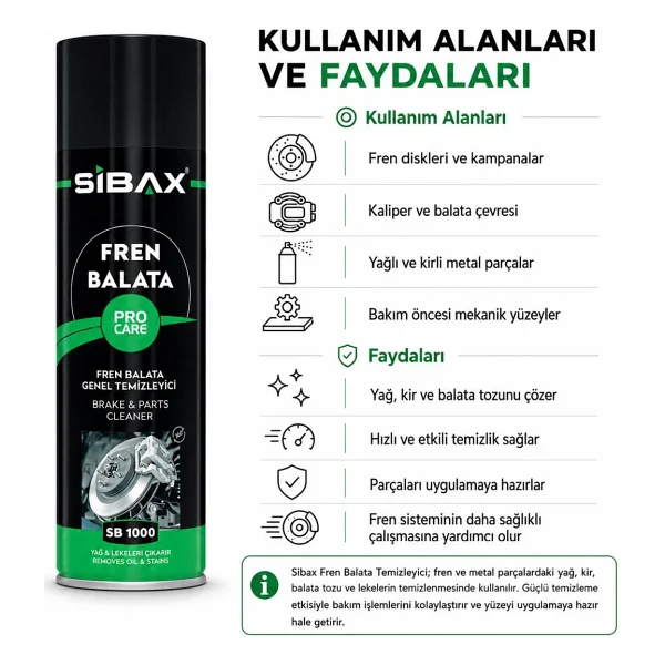 Sibax SB1000 Fren Balata ve Genel Temizleyici Sprey 500 ml - Görsel 2