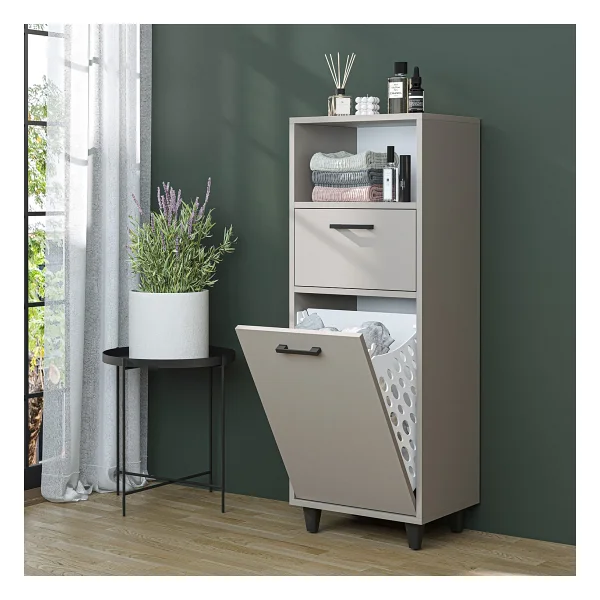 Roomart Çamaşır Sepetli Banyo Dolabı, Çok Amaçlı Çekmeceli Dolap 45 Cm Beyaz - Görsel 6