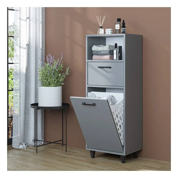 Roomart Çamaşır Sepetli Banyo Dolabı, Çok Amaçlı Çekmeceli Dolap 45 Cm Beyaz - Görsel 7