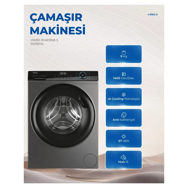 Haier HW90-B14939S8 9 kg 1400 Devir Çamaşır Makinesi - Görsel 5