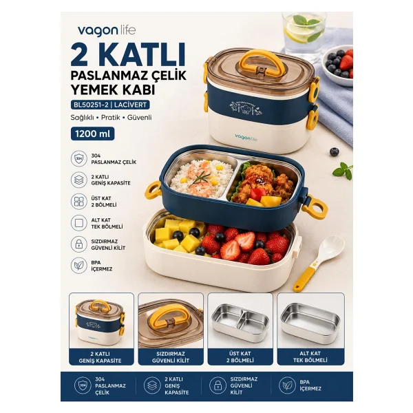 Vagonlife BL50251-2 Lacivert Çelik Lunch Box - Görsel 5