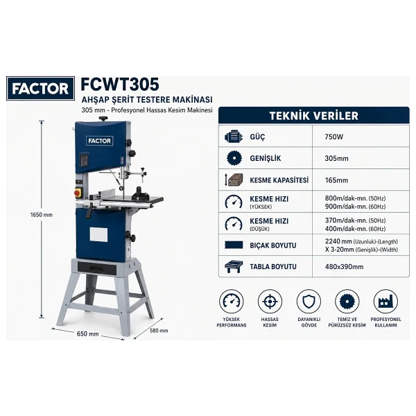 Factor Fcwt305 Ahşap Şerit Testere Makinası 305 Mm - Profesyonel Hassas Kesim Makinesi - Görsel 3