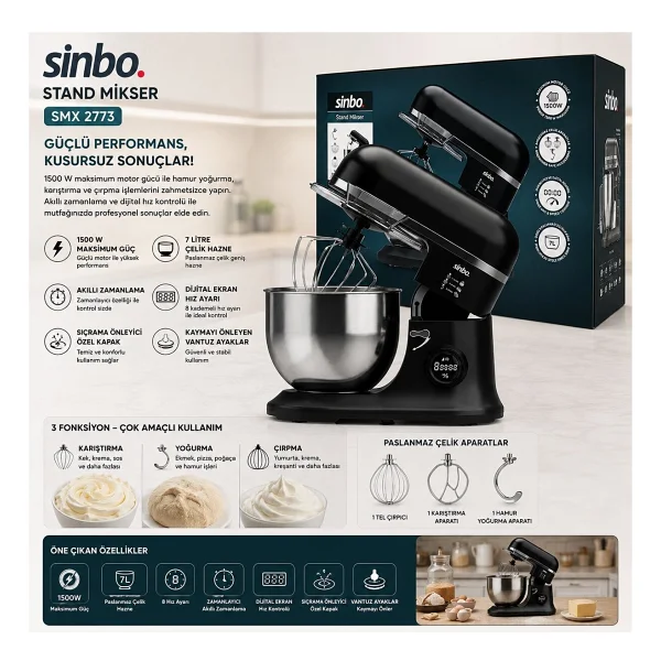 Sinbo SMX-2773 1500 W Siyah 7.5 lt Stand Mikser - Görsel 2