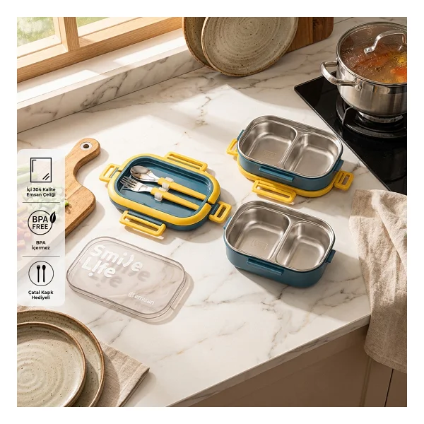 Emsan Smile Life Mavi 2 Katlı Çelik Lunch Box - Görsel 2