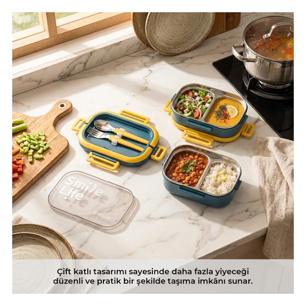 Emsan Smile Life Mavi 2 Katlı Çelik Lunch Box - Görsel 3