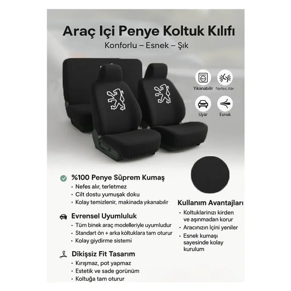 Terletmeyen kumas ve birebir uyum sunan 206 ile uyumlu oto koltuk kilifi simdi burada Siyah - Görsel 4