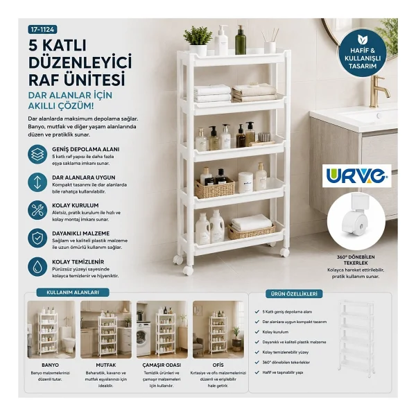 Urve UR-3588 Rafty Sepet Organizer Düzenleyici 465X145X850MM 5 Katlı Tekerlekli Raf Ünitesi - Görsel 2